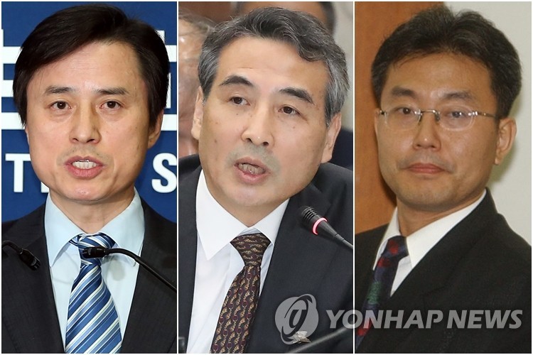 This undated composite file photo shows (from L to R) Cho Eun-suk, former acting chief of the Board of Audit and Inspection; Min Joong-ki, former chief judge of the Seoul Central District Court; and Lee Myeong-hyeon, former senior official at the defense ministry's prosecutors office. (Yonhap)