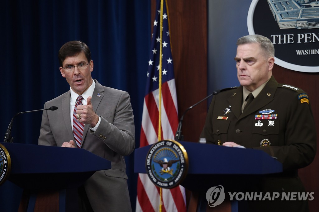 This AFP photo shows U.S. Secretary of Defense Mark Esper (L) and Army Gen. Mark Milley, chairman of the Joint Chiefs of Staff, holding a press conference in the briefing room at the Pentagon in Washington on March 2, 2020. (Yonhap)