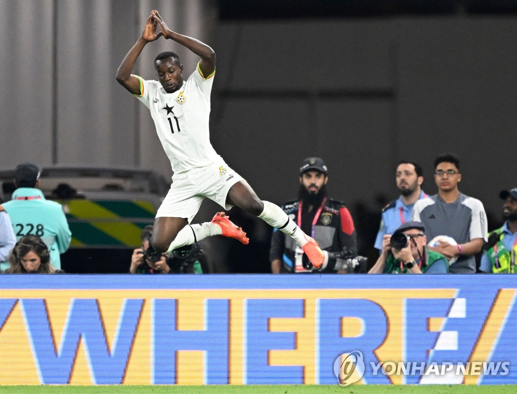 In this AFP photo, Osman Bukari of Ghana celebrates his goal against Portugal during the teams' Group H match at the FIFA World Cup at Stadium 974 in Doha on Nov. 24, 2022. (Yonhap)
