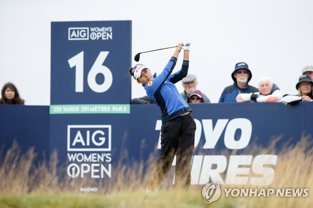 In this EPA file photo from Aug. 19, 2021, Atthaya Thitikul of Thailand tees off on the 16th hole during the first round of the AIG Women's Open at Carnoustie Golf Links in Carnoustie, Scotland. (Yonhap)