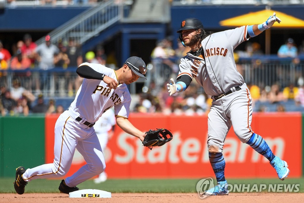 In this Getty Images photo, Pittsburgh Pirates second baseman Park Hoy-jun (L) forces out Brandon Crawford of the San Francisco Giants at second base to start a double play during the top of the seventh inning of a Major League Baseball regular season game at PNC Park in Pittsburgh on June 19, 2022. (Yonhap)