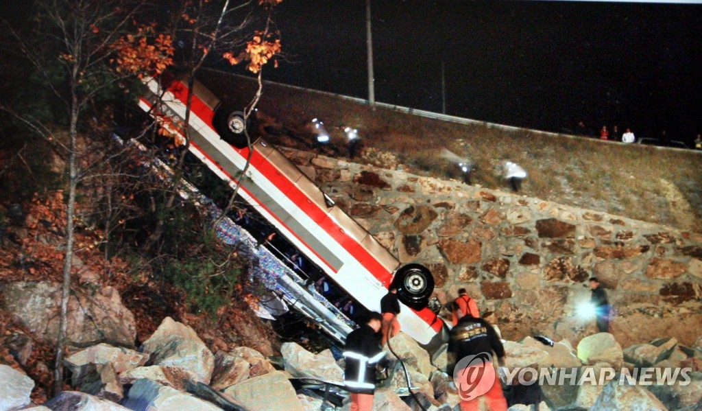 도로 아래로 떨어진 사고 버스(자료사진)