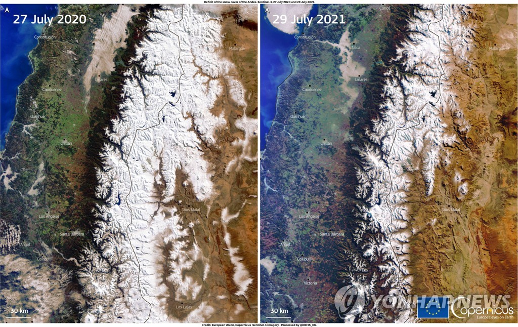 2020년 7월(왼쪽)과 올해 7월 안데스 산맥의 위성사진. 눈 덮인 부분이 확연하게 줄었다. 