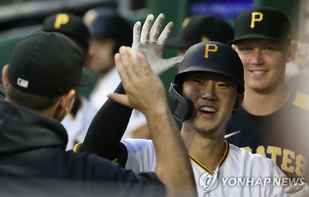 In this USA Today Sports photo via Reuters, Park Hoy-jun of the Pittsburgh Pirates is congratulated by his teammates after hitting a solo home run against the St. Louis Cardinals in the bottom of the fourth inning of a Major League Baseball regular season game at PNC Park in Pittsburgh on Aug. 10, 2021. (Yonhap)