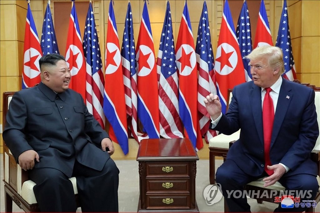 U.S. President Donald Trump and North Korean leader Kim Jong-un hold talks at the inter-Korean border truce village of Panmunjom inside the Demilitarized Zone separating the two Koreas on June 30, 2019, in this photo released by the North's official Korean Central News Agency. (For Use Only in the Republic of Korea. No Redistribution) (Yonhap) 