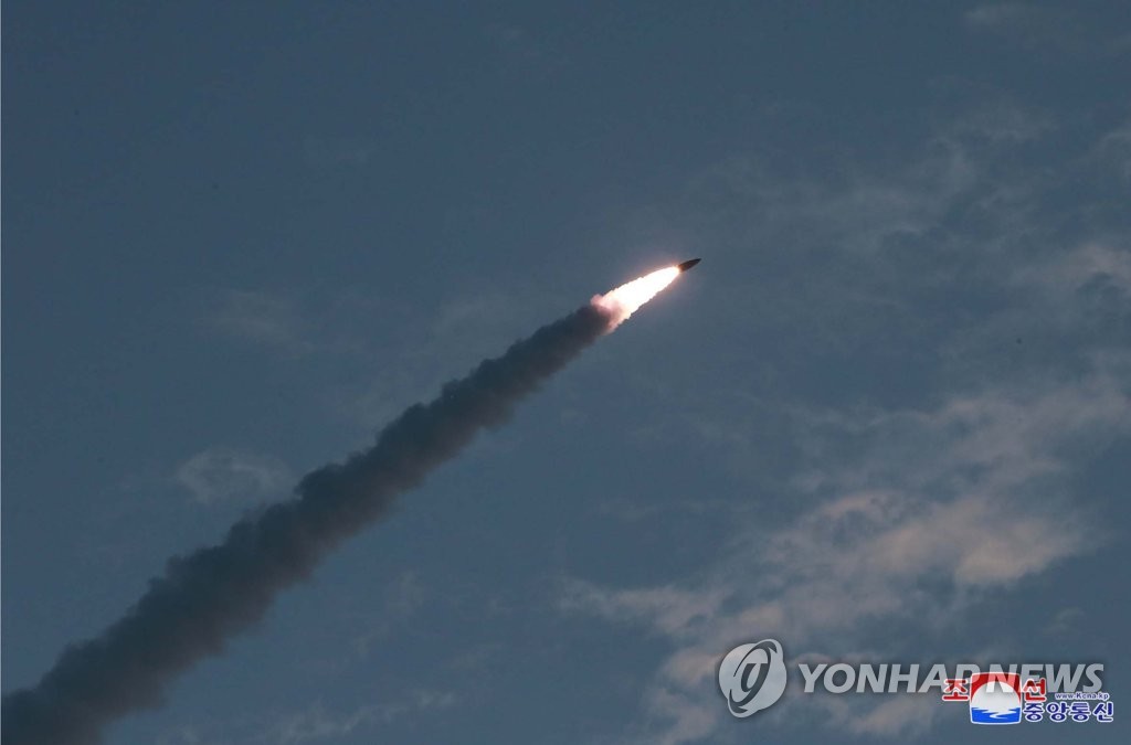 This photo, released by the Korean Central News Agency (KCNA) on July 26, 2019, shows a short-range ballistic missile launched from the Hodo Peninsula near the North's eastern coastal town of Wonsan the previous day. (For Use Only in the Republic of Korea. No Redistribution) (Yonhap) 