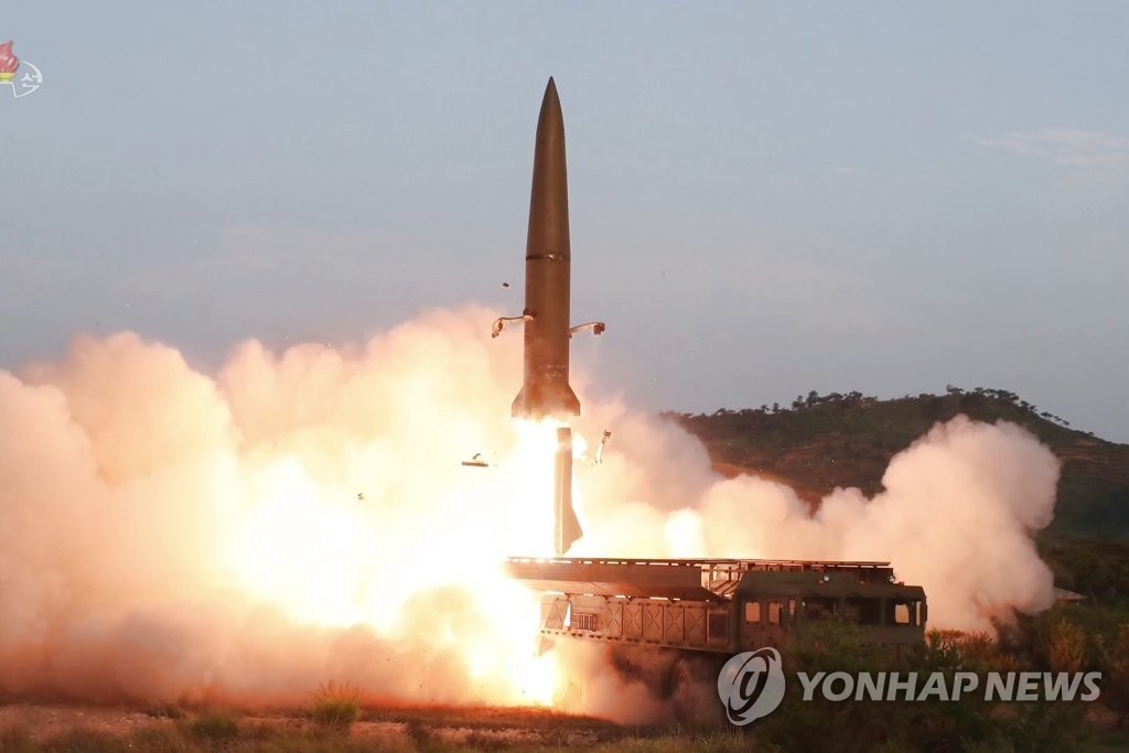 This footage, aired by the (North) Korean Central Television on July 26, 2019, shows a short-range missile being fired from a transporter erector launcher on the Hodo Peninsula near the eastern coastal town of Wonsan the previous day. (For Use Only in the Republic of Korea. No Redistribution) (Yonhap)