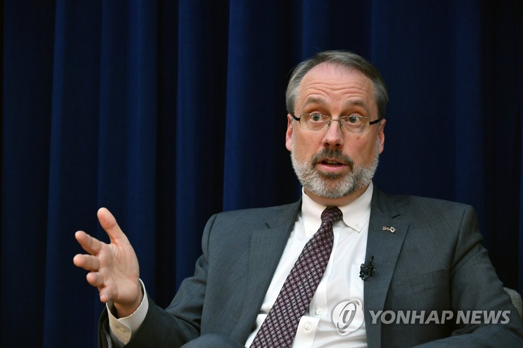 James DeHart, the top U.S. negotiator in defense cost-sharing talks with South Korea, speaks during an interview with the press corps in Seoul on Dec. 18, 2019. (Pool Photo) (Yonhap)