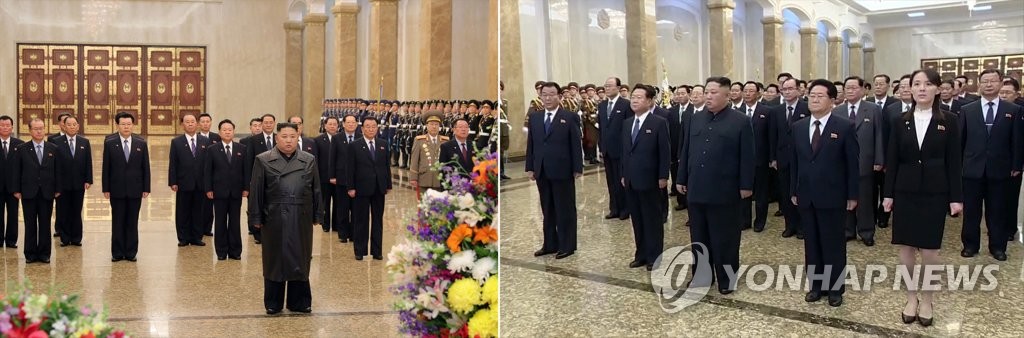 North Korea's top leader Kim Jong-un (front, C, both pictures) pays tribute to his late father and former leader, Kim Jong-il, at the Kumsusan Palace of the Sun, in the left image captured from the Korean Central TV Broadcasting Station on February 16, 2020. The number of aides accompanying Kim appears to have been scaled down from last year, seen in the right image from the Korean Central TV Broadcasting Station on February 16, 2019. (For Use Only in the Republic of Korea. No Redistribution) (Yonhap)