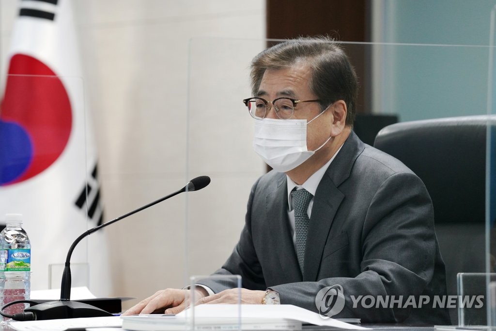 This file photo, released Dec. 16, 2020, by the presidential office Cheong Wa Dae, shows Suh Hoon, director of the National Security Office, presiding over a security meeting. (PHOTO NOT FOR SALE) (Yonhap)