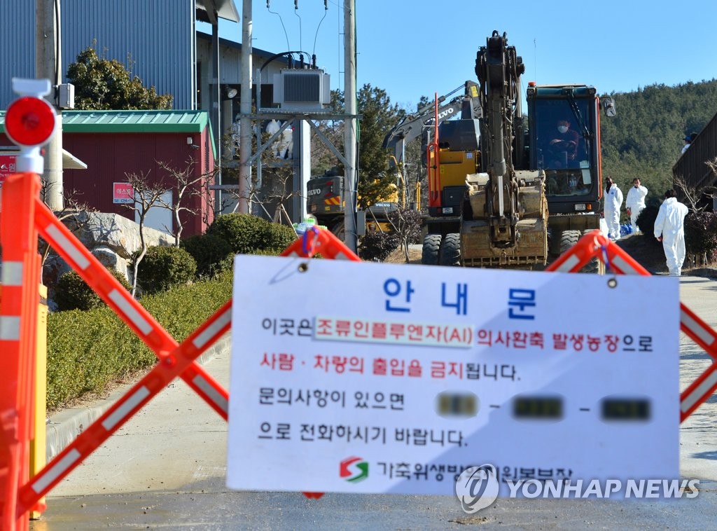 An egg farm in the southeastern port city of Pohang is closed in this photo taken on Jan. 31, 2021, as officials started culling chickens. (Yonhap)