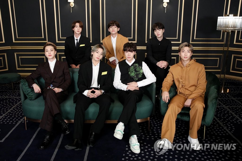 This photo, provided by Big Hit Entertainment, shows BTS taking part in a Grammy red carpet event on March 15, 2021. (PHOTO NOT FOR SALE) (Yonhap)
