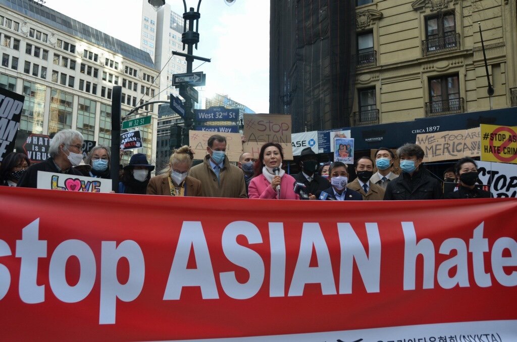 This April 2, 2021, photo shows Kim Minsun (C), the president of the Museum of Korean American Heritage, speaking during a rally against recent Asian hate crimes in the Koreantown neighborhood in New York. (Yonhap)
