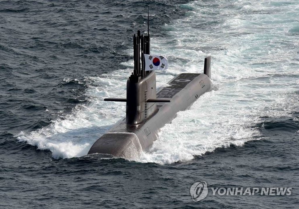 This photo, provided by the Navy, shows South Korea's first 3,000-ton submarine, the Dosan Ahn Chang-ho, built by Daewoo Shipbuilding and Marine Engineering Co. Its launching ceremony was held at the South Korean shipbuilder's Okpo shipyard on the southern island of Geoje on Aug. 13, 2021. (PHOTO NOT FOR SALE) (Yonhap)