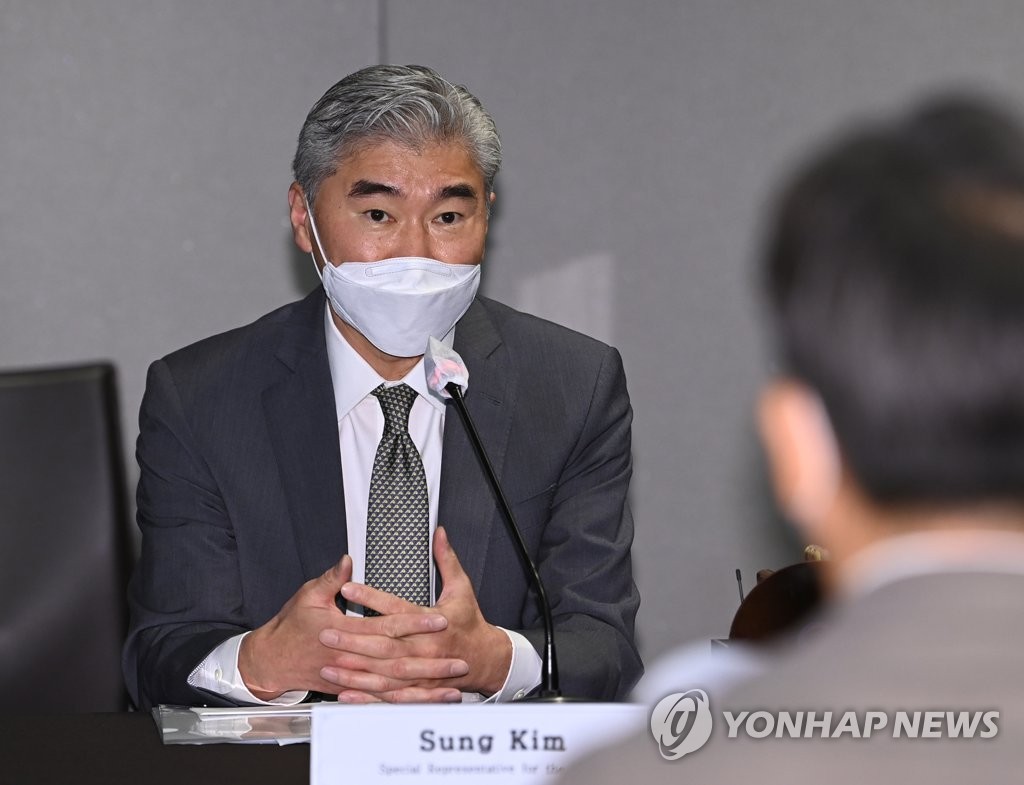 The U.S. special representative for North Korea, Sung Kim, speaks during talks with his South Korean counterpart, Noh Kyu-duk, at a hotel in Seoul on Aug. 23, 2021. (Pool photo) (Yonhap)