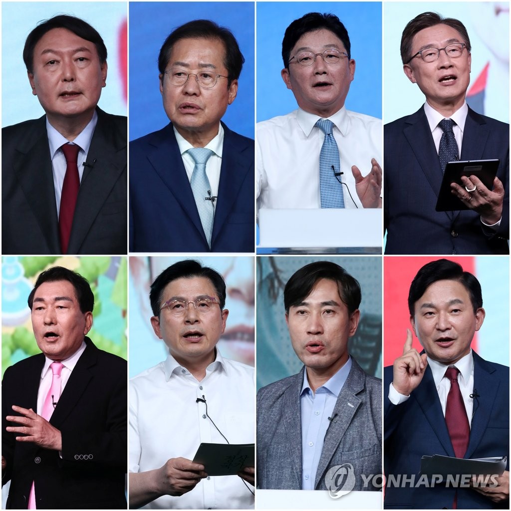 Les retenus de la 1ère phase de la primaire du PPP (de gauche à droite et de haut en bas) : Yoon Seok-youl (ex-procureur général), Hong Joon-pyo (actuel et ex-gouverneur du Gyeongsang du Sud), Yoo Seong-min (ancien député), Choe Jae-hyeong (ex-chef de la Commission de contrôle et d'inspection), Ahn Sang-soo (ancien maire d'Incheon), Hwang Kyo-ahn (ancien Premier ministre), Ha Tae-keung (député) et Won Hee-ryong (ancien gouverneur de Jeju).