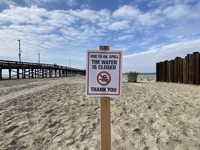 해변 폐쇄와 수영 금지를 알리는 경고문
