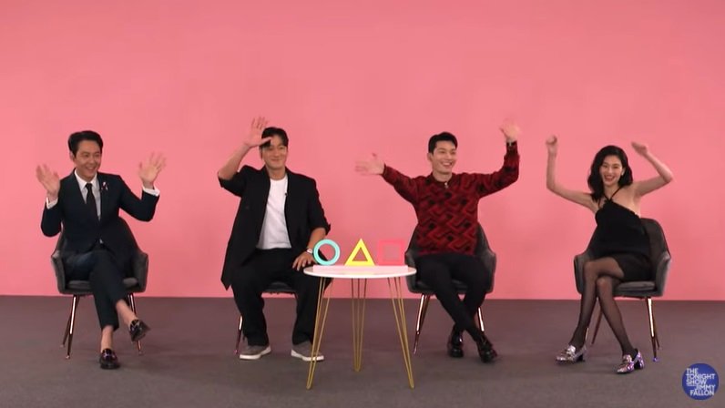 Four actors of "Squid Game" appear on U.S. NBC's popular talk show "The Tonight Show Starring Jimmy Fallon" on Oct. 6, 2021, (U.S. time), in this image captured from a YouTube video of the show. (PHOTO NOT FOR SALE) (Yonhap)