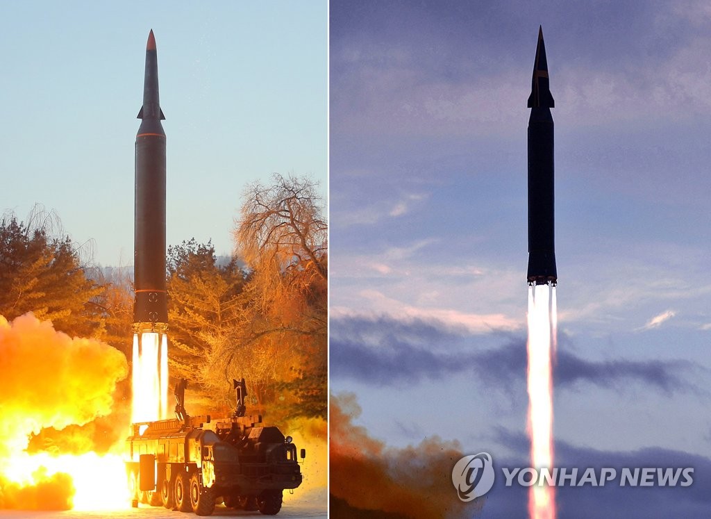 This combined file photo, released by North Korea's official Korean Central News Agency, shows what the North claims to be a new hypersonic missile (L) being launched on Jan. 5, 2022, and the "hypersonic" missile Hwasong-8 the North test-fired in September last year. The shapes of the warhead of the missiles fired in September and this week were slightly different, a possible indication the North is developing two different types of hypersonic missiles or has improved the first one. (For Use Only in the Republic of Korea. No Redistribution) (Yonhap) 