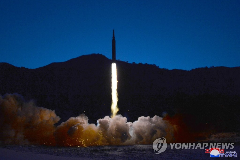 This photo, released by North Korea's official Korean Central News Agency on Jan. 12, 2022, shows what the North claims to be a new hypersonic missile being launched the previous day. (For Use Only in the Republic of Korea. No Redistribution) (Yonhap)