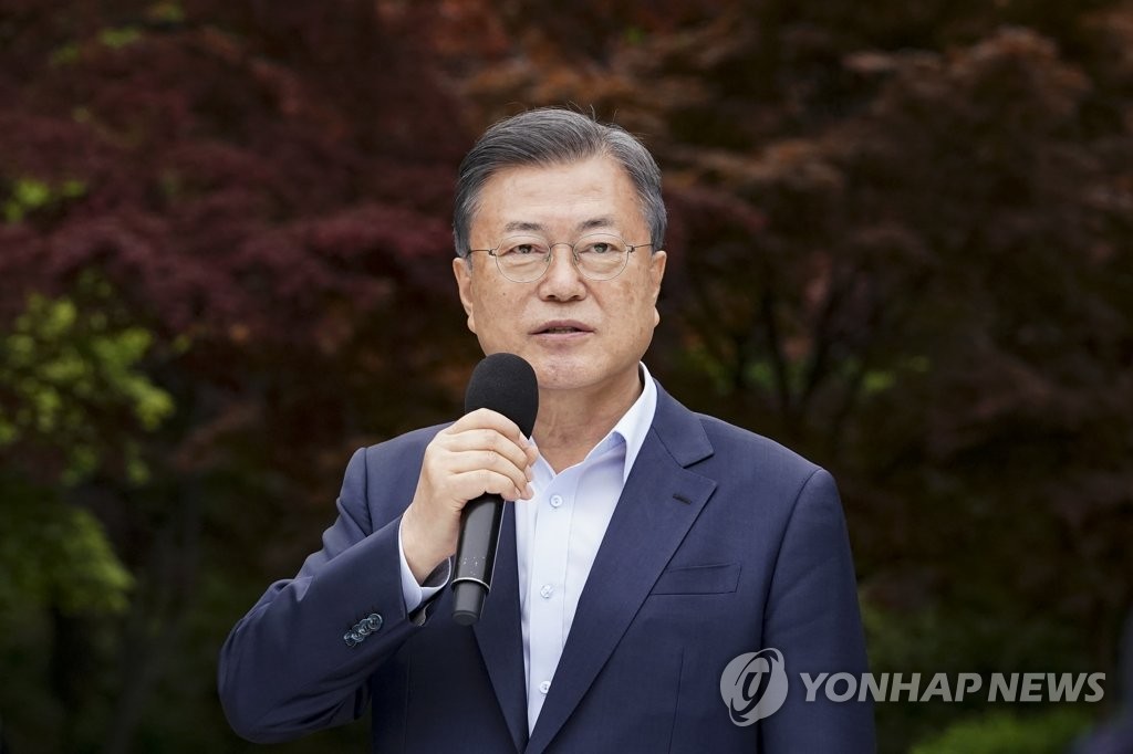 President Moon Jae-in speaks during his farewell news conference at Cheong Wa Dae in Seoul on April 25, 2022, in this photo released by the presidential office. (PHOTO NOT FOR SALE) (Yonhap)