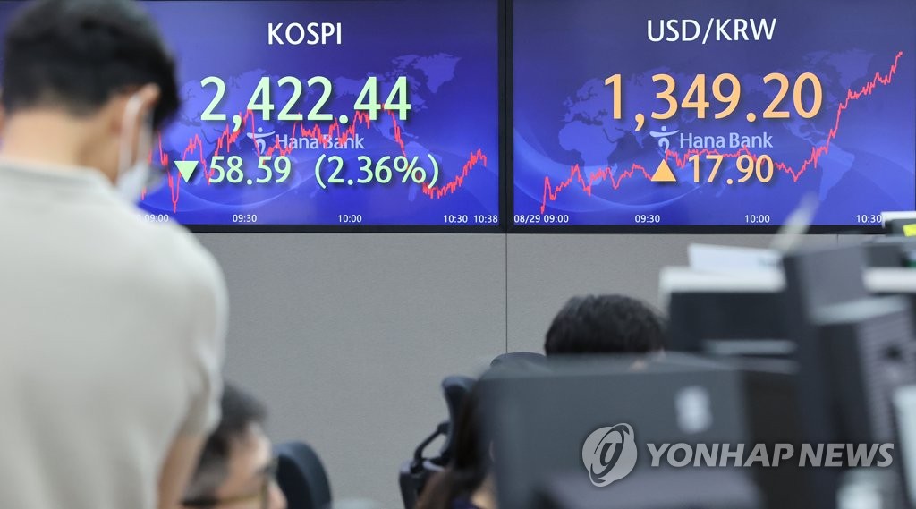 La foto, tomada el 29 de agosto de 2022, muestra letreros electrónicos con información bursátil y cambiaria, en la sala de operaciones del banco Hana Bank, en Seúl.