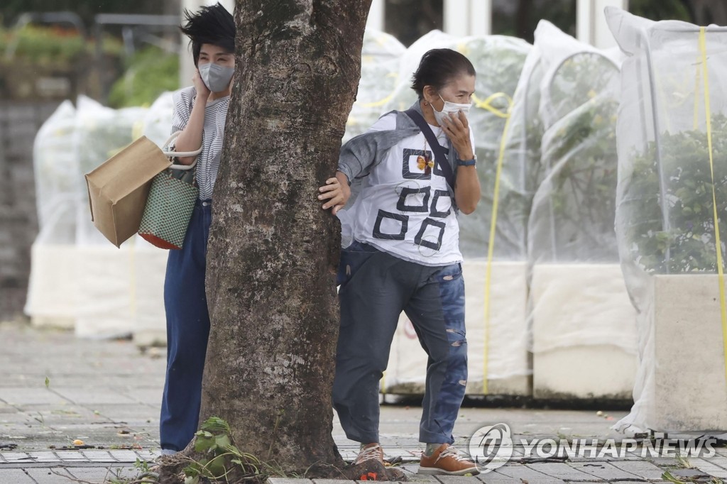 Japanese pedestrians staggered by Typhoon Hinnamno