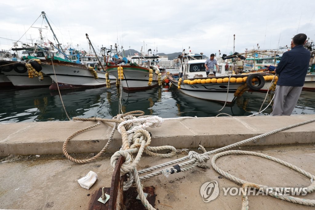 Fishing ships are anchored at a port in Tongyeong, South Gyeongsang Province, on Sept. 5, 2022, as the super strong Typhoon Hinnamnor approaches the Korean Peninsula. (Yonhap)