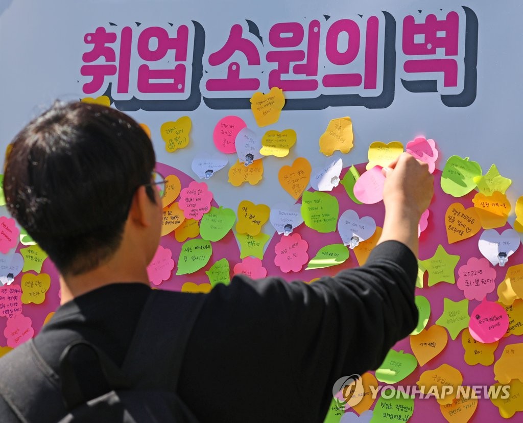 한 행사장에서 한 청년이 취업 소원 메모지를 붙이고 있다. [연합뉴스 자료사진]