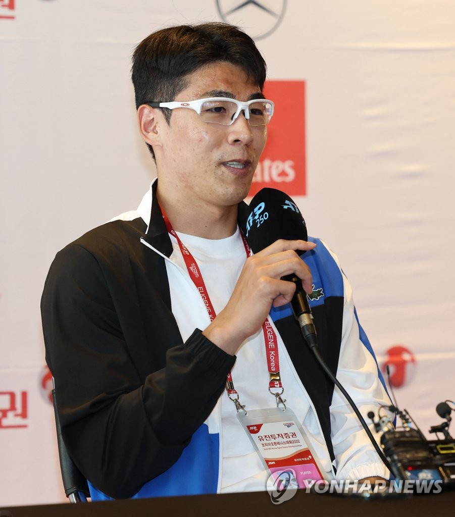 South Korean tennis player Chung Hyeon speaks during a press conference at Olympic Hall inside the Olympic Park in Seoul on Sept. 26, 2022, ahead of the ATP Tour Eugene Korea Open. (Yonhap)