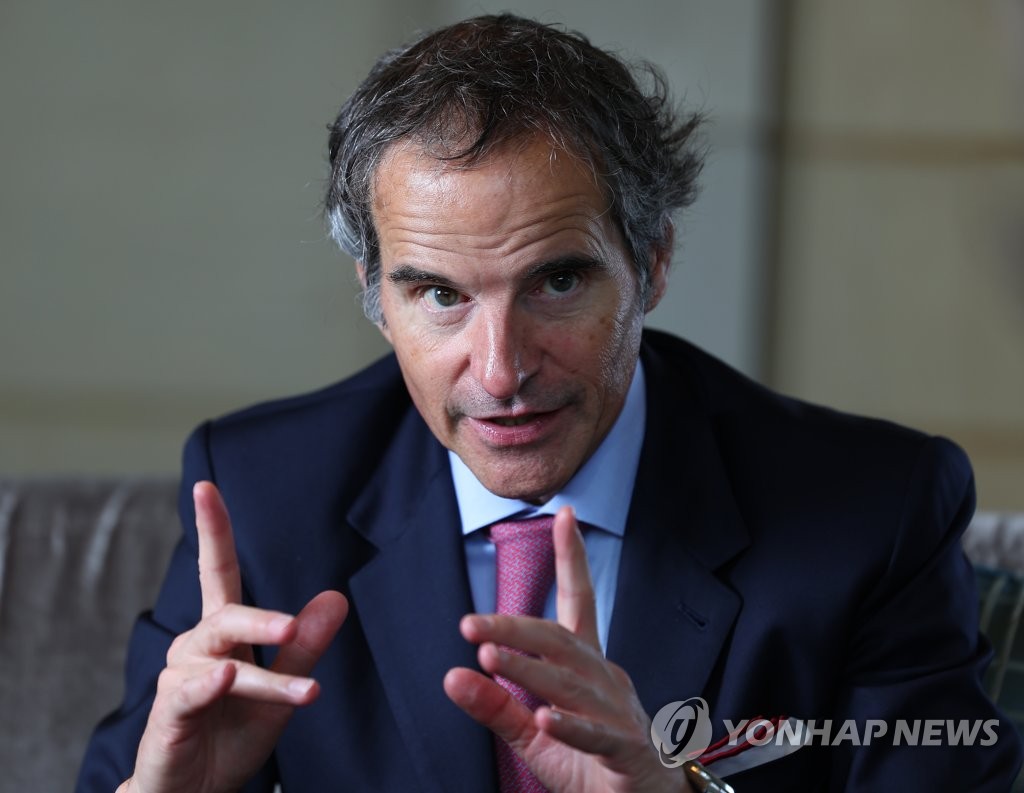 International Atomic Energy Agency Director General Rafael Mariano Grossi speaks during an interview with Yonhap News Agency at a hotel in Seoul in this file photo taken July 8, 2023. (Yonhap)