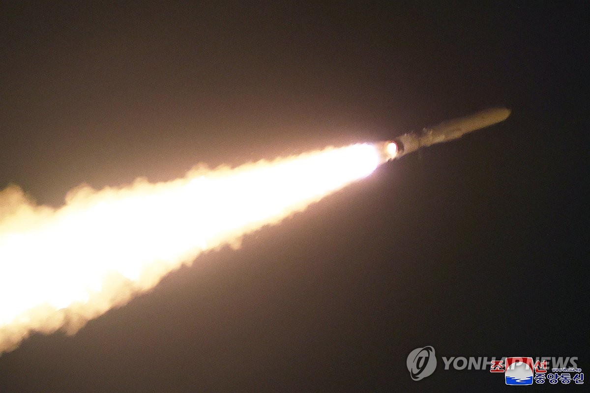 This photo, released by North Korea's official Korean Central News Agency (KCNA) on Jan. 25, 2024, shows the North's launch of a Pulhwasal-3-31, a new type of strategic cruise missile under development, the previous day. The North's Missile Administration conducted the first test-fire of the missile as part of "regular and obligatory" activities to develop powerful weapons systems, the KCNA said. (For Use Only in the Republic of Korea. No Redistribution) (Yonhap)