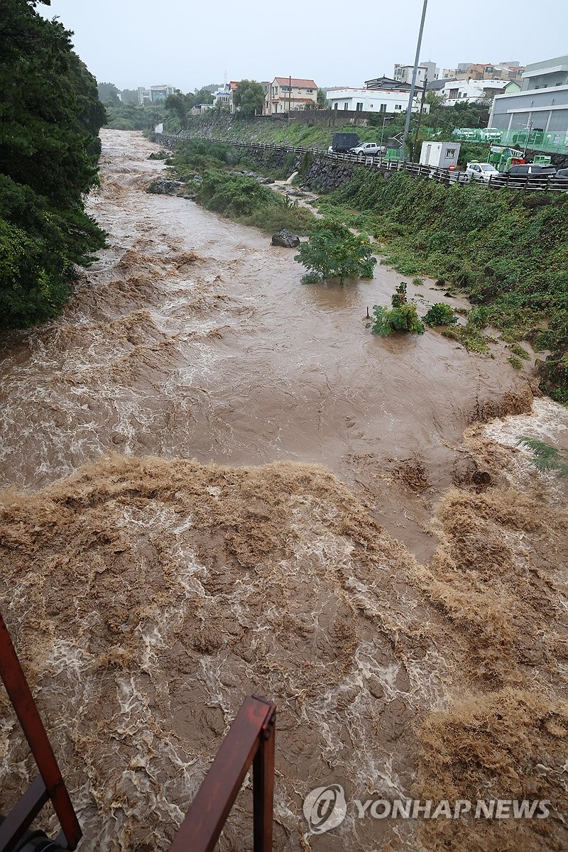 Un arroyo en Jeju sigue crecido el 1 de noviembre de 2024, en medio de fuertes lluvias. (Yonhap)