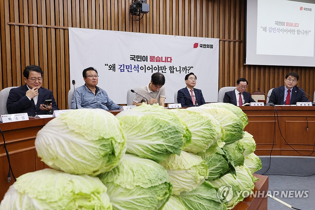 '포기배추' 쌓아놓고 "김민석 지명철회"…국힘 '국민청…
